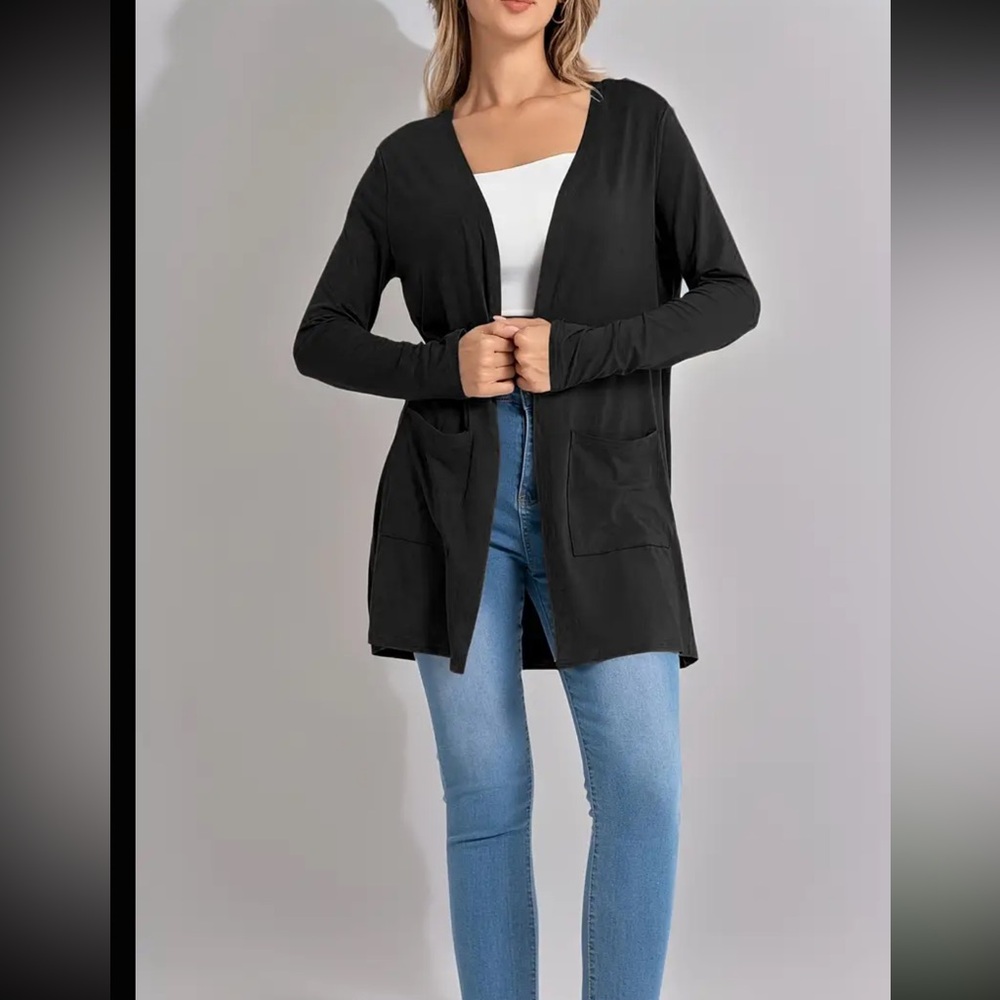 New Black longer style cardigan sweater with pockets womens XL 16 18 - Picture 4 of 6
